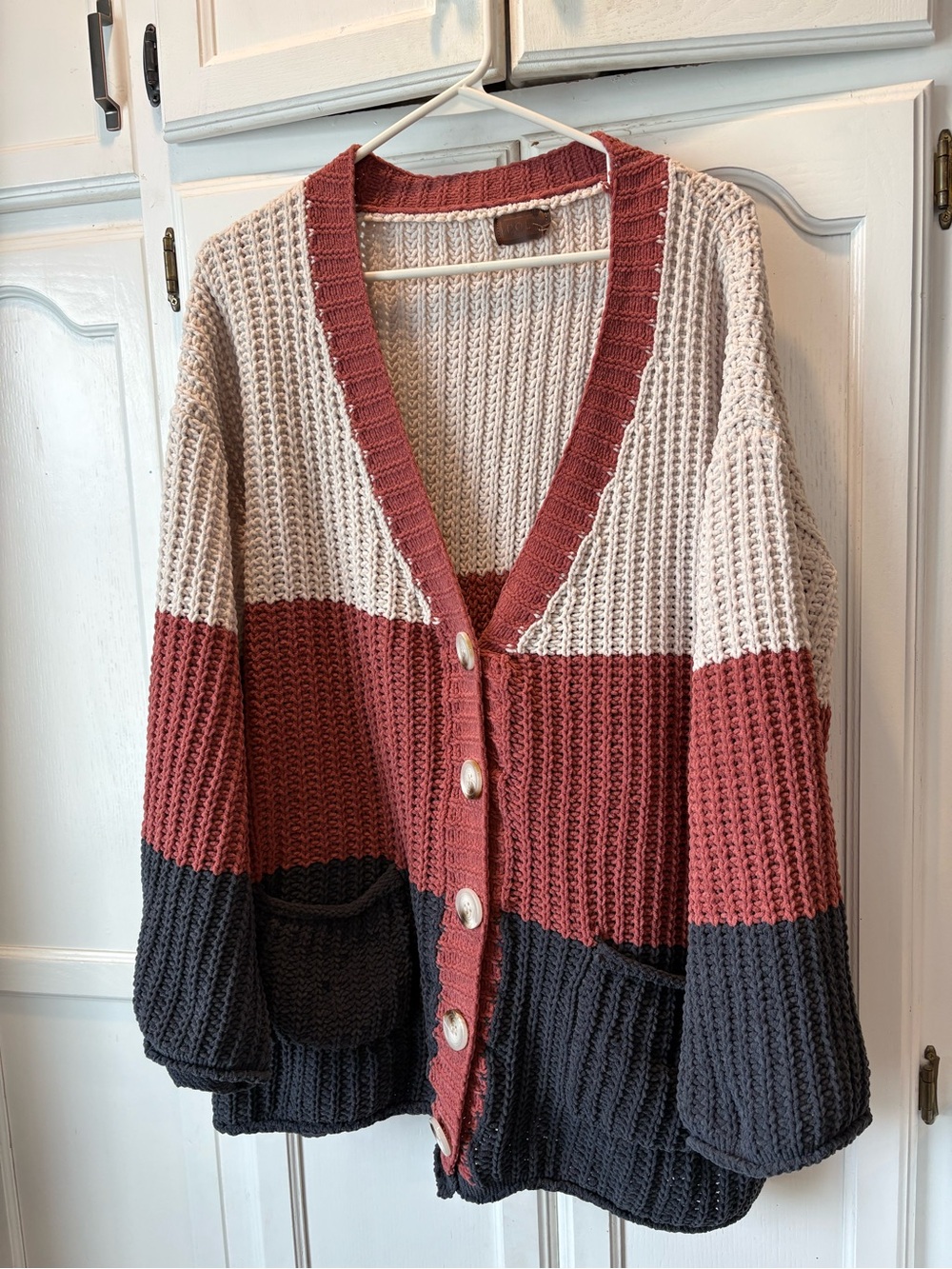 POL Colorblock Boho Baggy Waffle-Knit Cardigan Sweater - Cream, Rust & Black